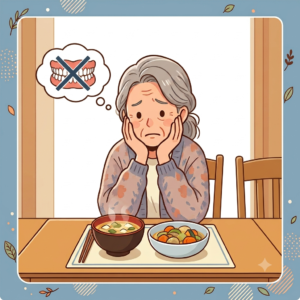 入れ歯がなくて食事ができず困っている女性のイラスト